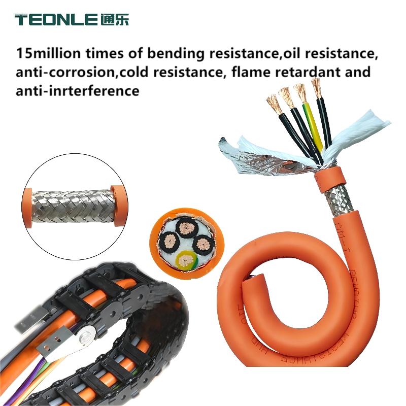 Oil resistant, halogen-free, flame retardant, low viscosity characteristics of high mixing material sheathed TRVVSP anti-interference shielding cable